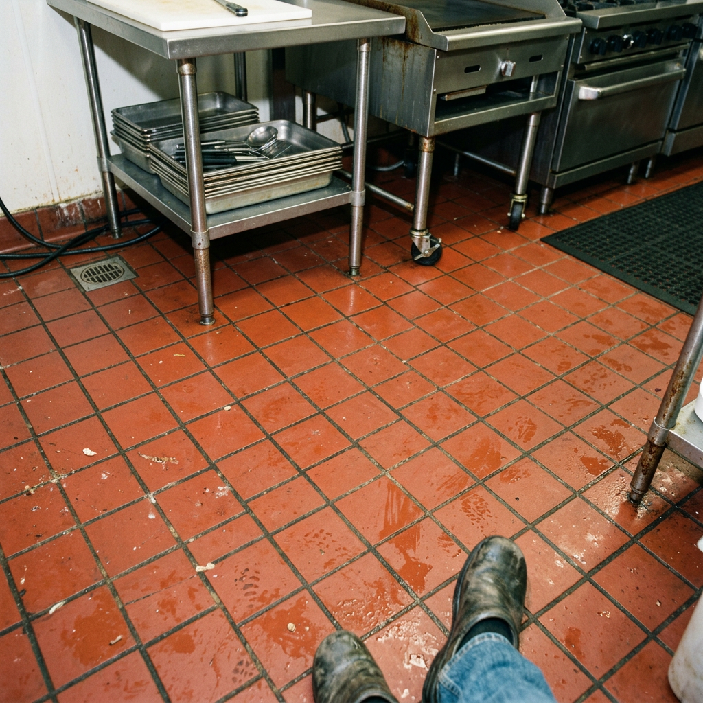 Generated example photo: floor and grout in a restaurant kitchen